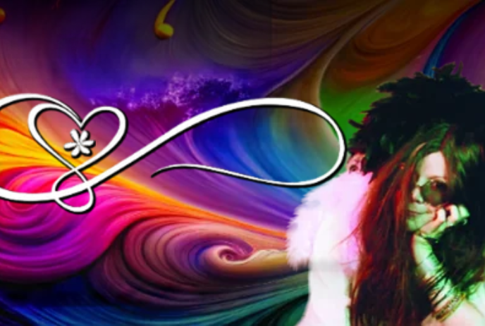 Person wearing furs and feathers with sunglasses in front of a colourful swirl.