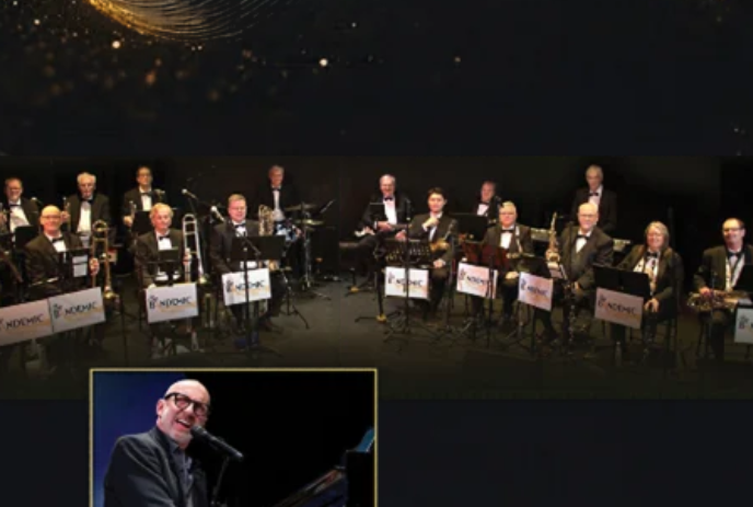 Big band orchestra with an image of Mark Payne at a microphone inset.