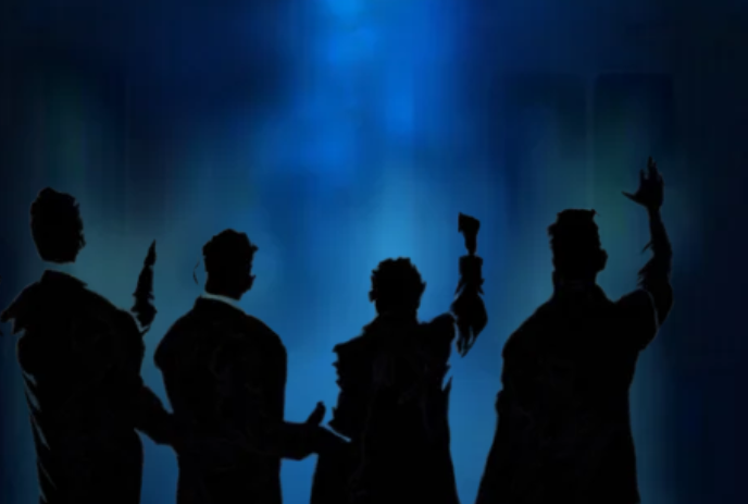 Silhouette of band members together looking into a blue/green image in the distance.