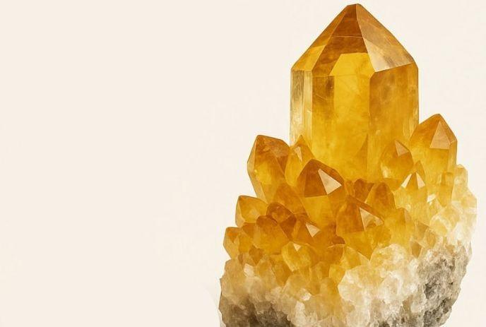 Golden crystal cluster with translucent amber points rising from a pale mineral base on a light background.