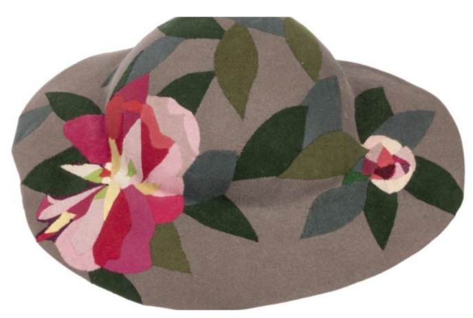 Painting of a ladies hat with flowers.