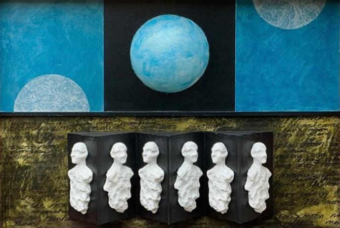 Three moons above six white busts set against textured script background in layered art composition.