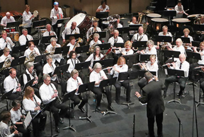 Orchestra with instruments playing in front of a conductor.