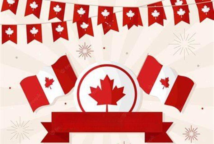 Two Canadian flags and a circular emblem featuring a red maple leaf, surrounded by red banners with white maple leaves.