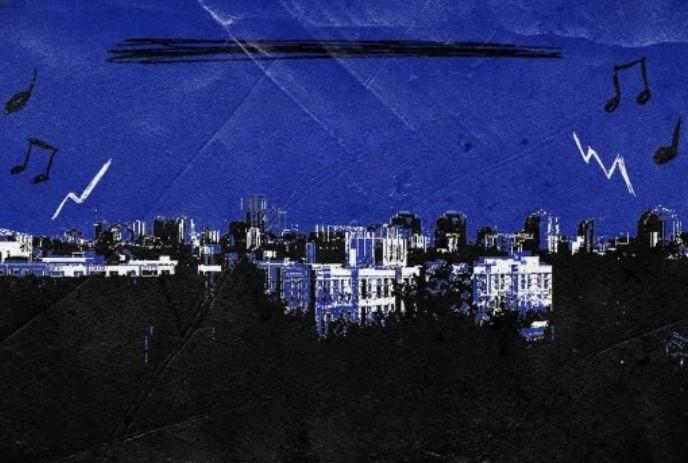 City skyline in blue hues with musical notes and zigzags dancing across the night sky, evoking urban rhythm.