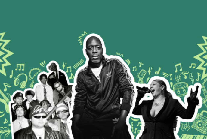 Collage of singers altogether with a green background behind them.