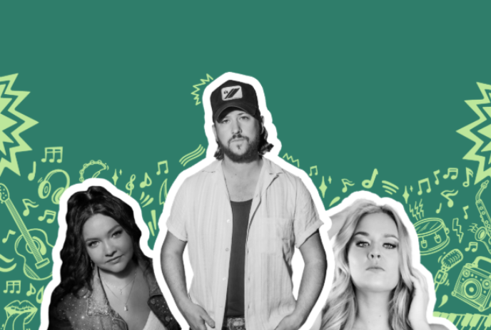 Collage of three separate singers with a green background and musical notes behind them.