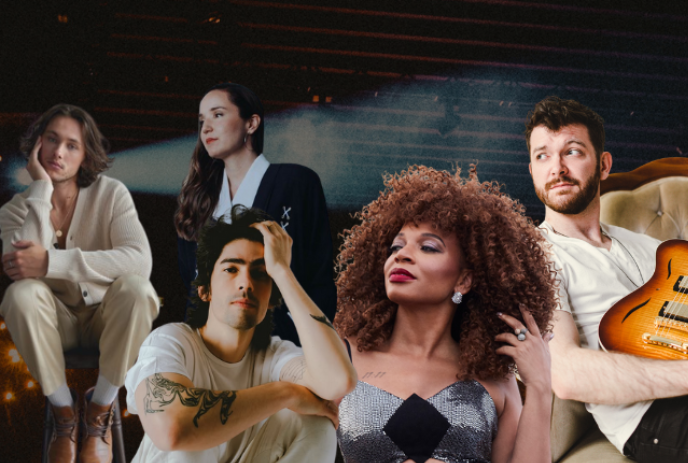 A group of artists in various poses set in a collage style photo.