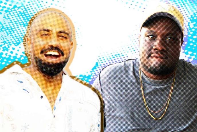 Amish Patel & Gee Gethiga posing for the camera in front of a blue and white spotted background.