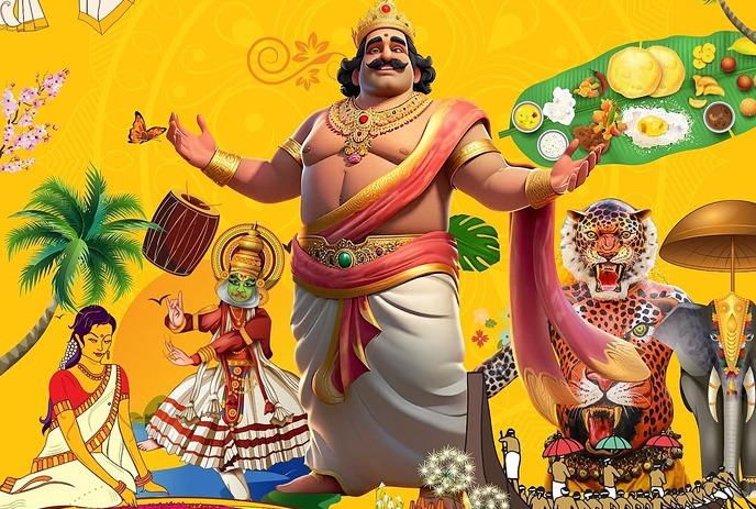 Cultural Kathakali mask with butterfly, palm tree, and swing on vivid yellow. A lively, cultural, tropical vibe.