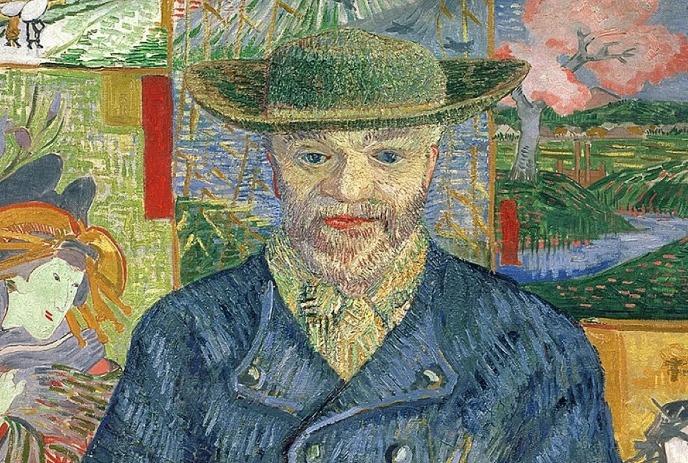 A Van Gogh painting showing a person wearing a hat with painted images in the background.
