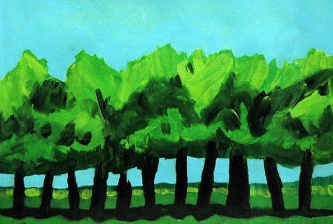 Painting of green trees with a blue-green background.