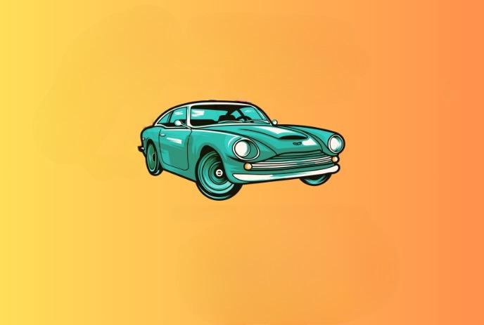A green antique automobile is illustrated against an orange background.