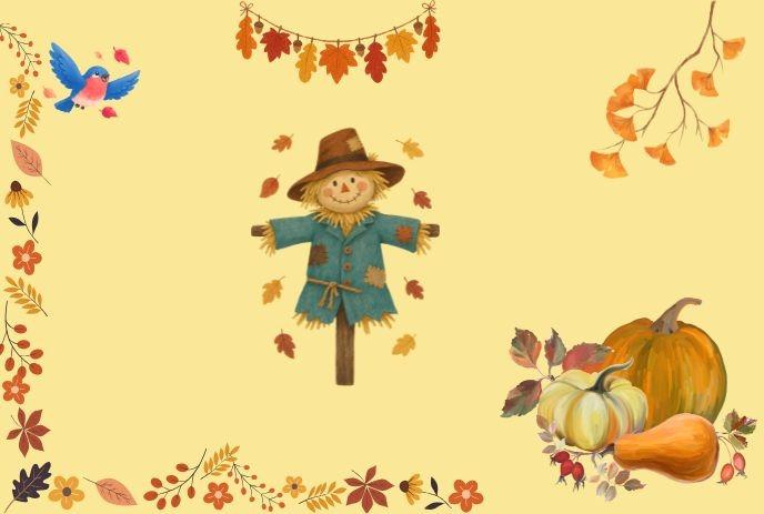 Autumn illustration with a scarecrow, pumpkins, leaves, flowers, and a bird on a beige background.