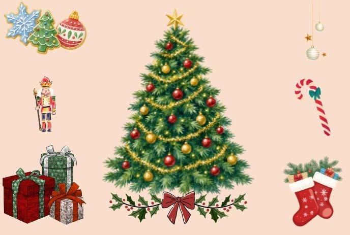 Decorated Christmas tree surrounded by gifts, ornaments, stockings, candy cane, and nutcracker.