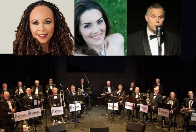 Three featured performers above a big band orchestra performing on a stage.