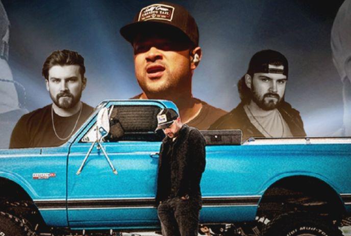 Vintage blue pickup truck and three musicians in a dynamic country music poster.