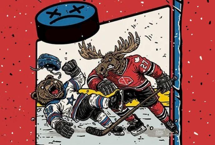 Illustrated hockey clash as a moose player checks a bear player near the net beneath a giant puck.