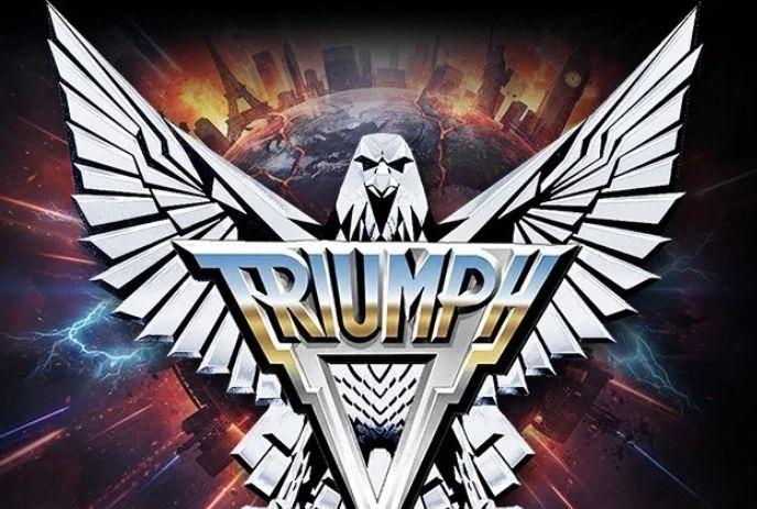 TRIUMPH logo with eagle wings over a fiery globe and lightning-filled dramatic background.