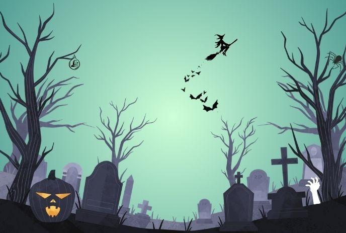 Spooky graveyard scene with bare trees, tombstones, glowing jack-o'-lantern, bats, witch, and spider.