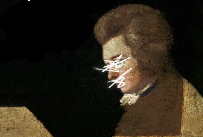 Portrait inspired by a classical painting, featuring a historical figure against a dark background with markings.