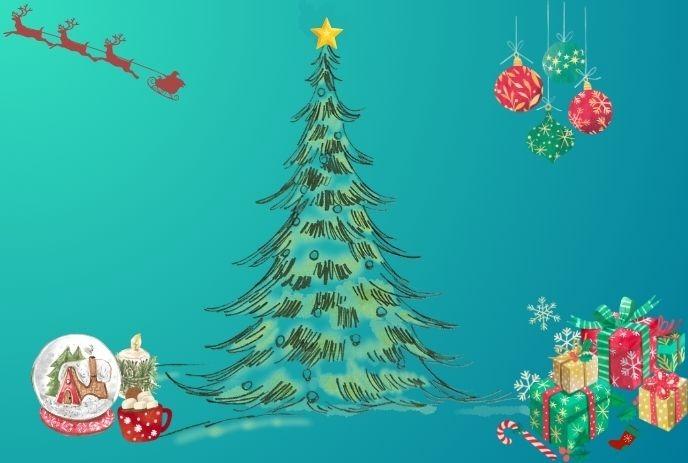 Festive Christmas illustration with tree, ornaments, gifts, snow globe, candle, and Santa sleigh.