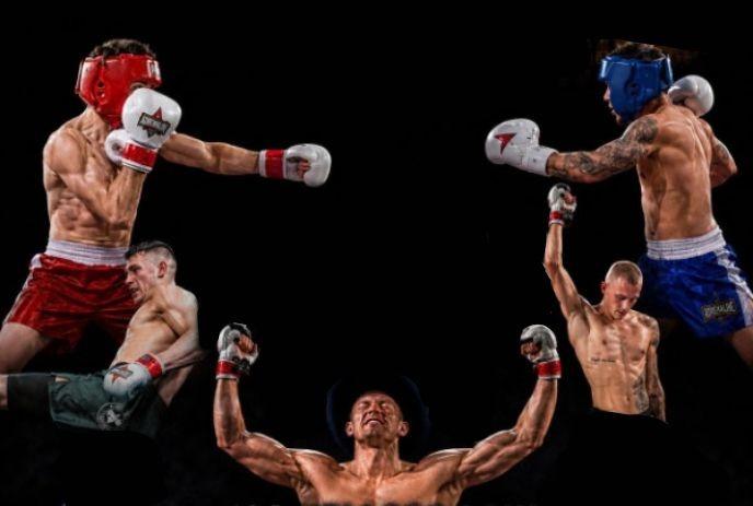 Boxing montage with fighters sparring, knockout moment, victory pose, and raised-arm celebration.