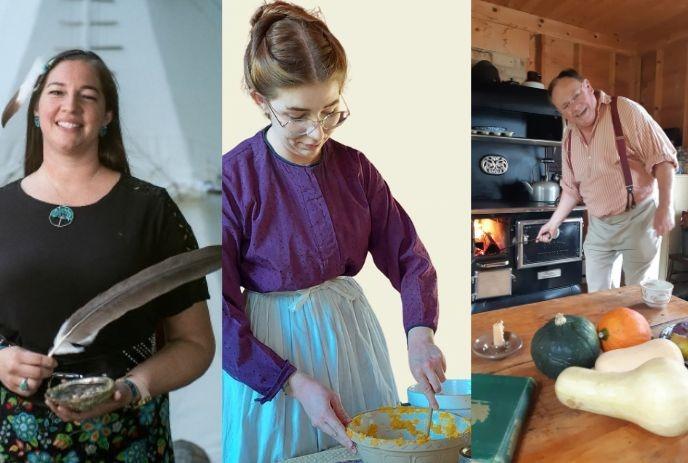 Three people demonstrate traditional activities: holding a feather, mixing food, and cooking indoors.
