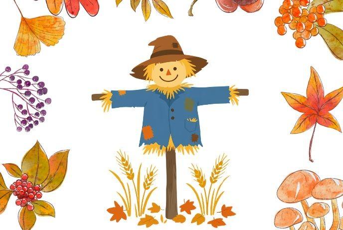 Autumn-themed illustration with a scarecrow, wheat, leaves, berries, and mushrooms on white.