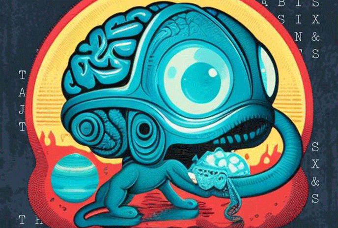 A surreal illustration of a large-eyed, blue creature with an exposed brain, against a vibrant red and yellow background.