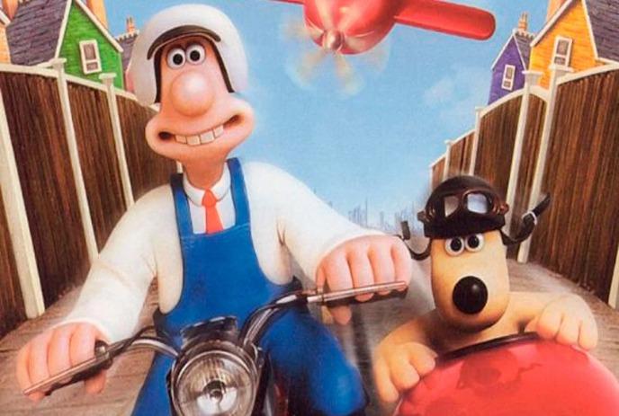 Cartoon image of man riding a motorcycle with a dog in a sidecar and an airplane flying above them.
