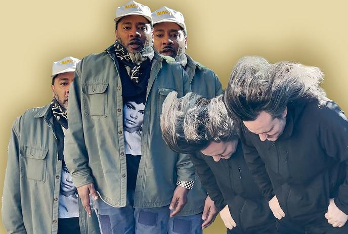 Over-exposed images of band members together.