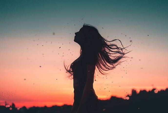 A silhouette of a woman with flowing hair stands against a vibrant sunset, with petals floating around her.