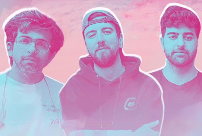 Three outlined figures stand against a dreamy pink-purple sky; pastel tones evoke a cool, creative vibe.