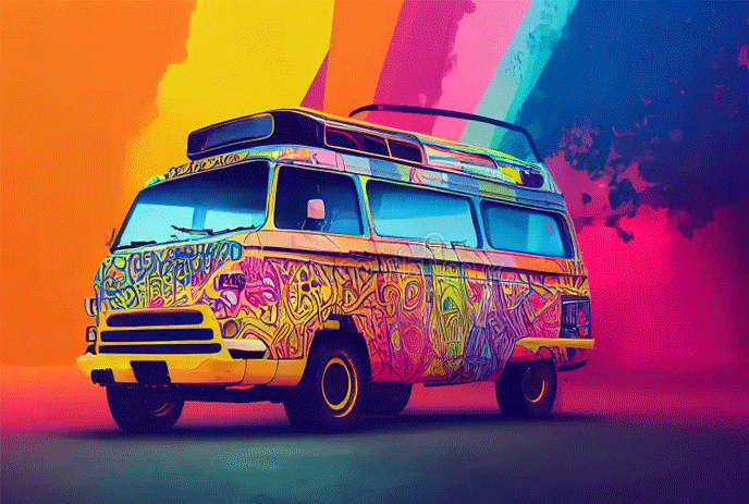 A van painted in psychedelic colours behind a colourful background.