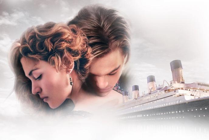 Titanic movie poster: Kate Winslet and Leonardo DiCaprio faces close together in front of the ship.