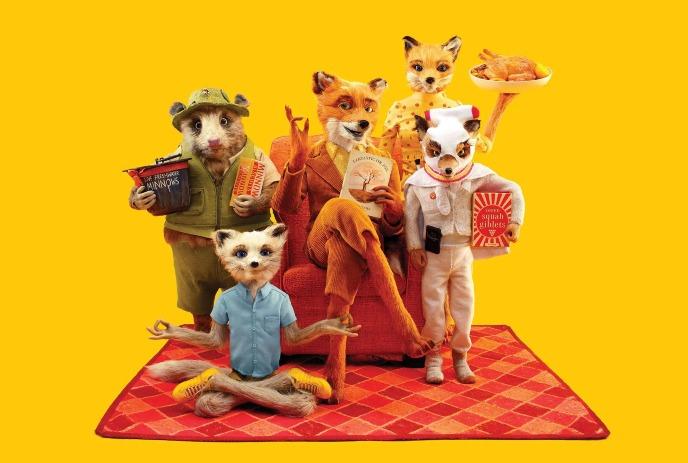 An animated fox crew in colorful outfits gathers on a checkered rug with bold yellow backdrop.