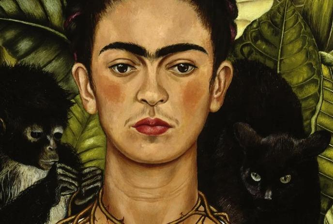 Person with braided hair, black monkey, black cat, lush green leaves in background.