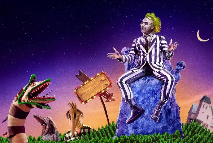 Greenhaired figure on throne amid surreal purple sky with striped creatures and crooked house.