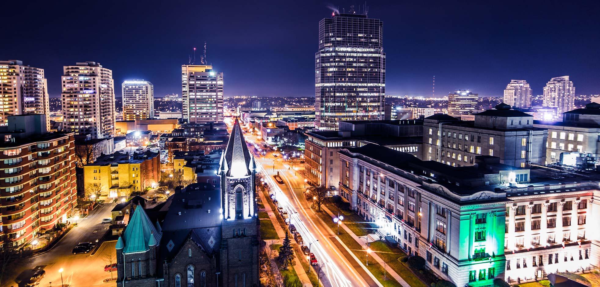 Aerial view of Wellington Rd. in London, Ontario at night