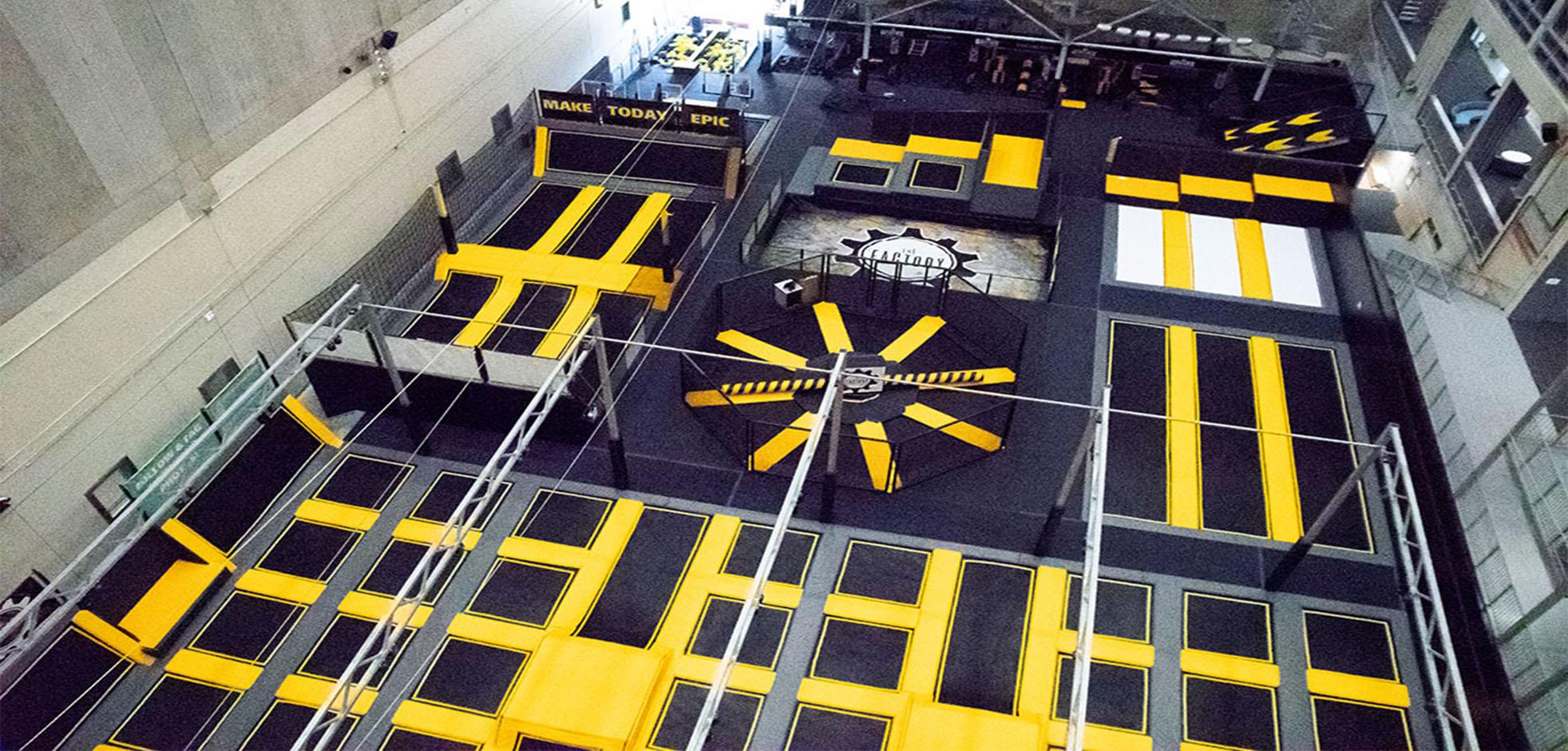 Aerial view of the trampoline park in The Factory, London, Ontario.