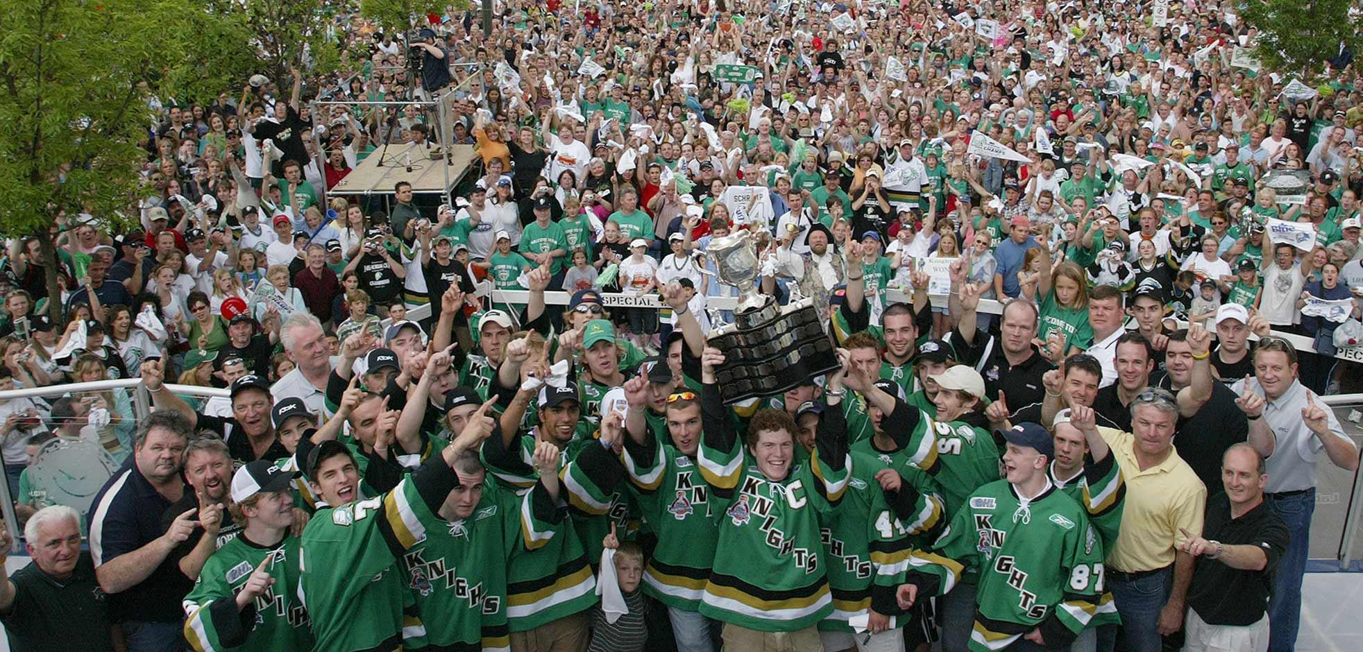 A gathering outside of Budweiser Gardens in London, Ontario celebrating the 2005 Memorial Cup victory of the London Knights