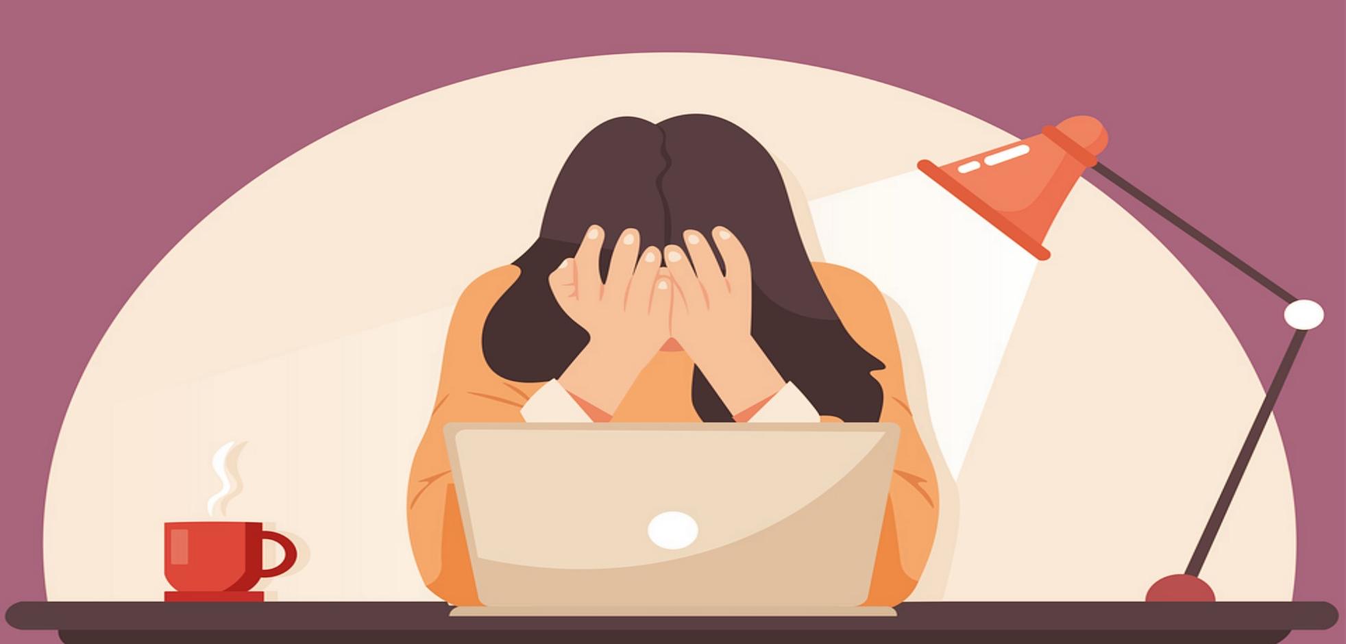 Illustration of a female with her hands on her face in distress at her desk with an open laptop computer.