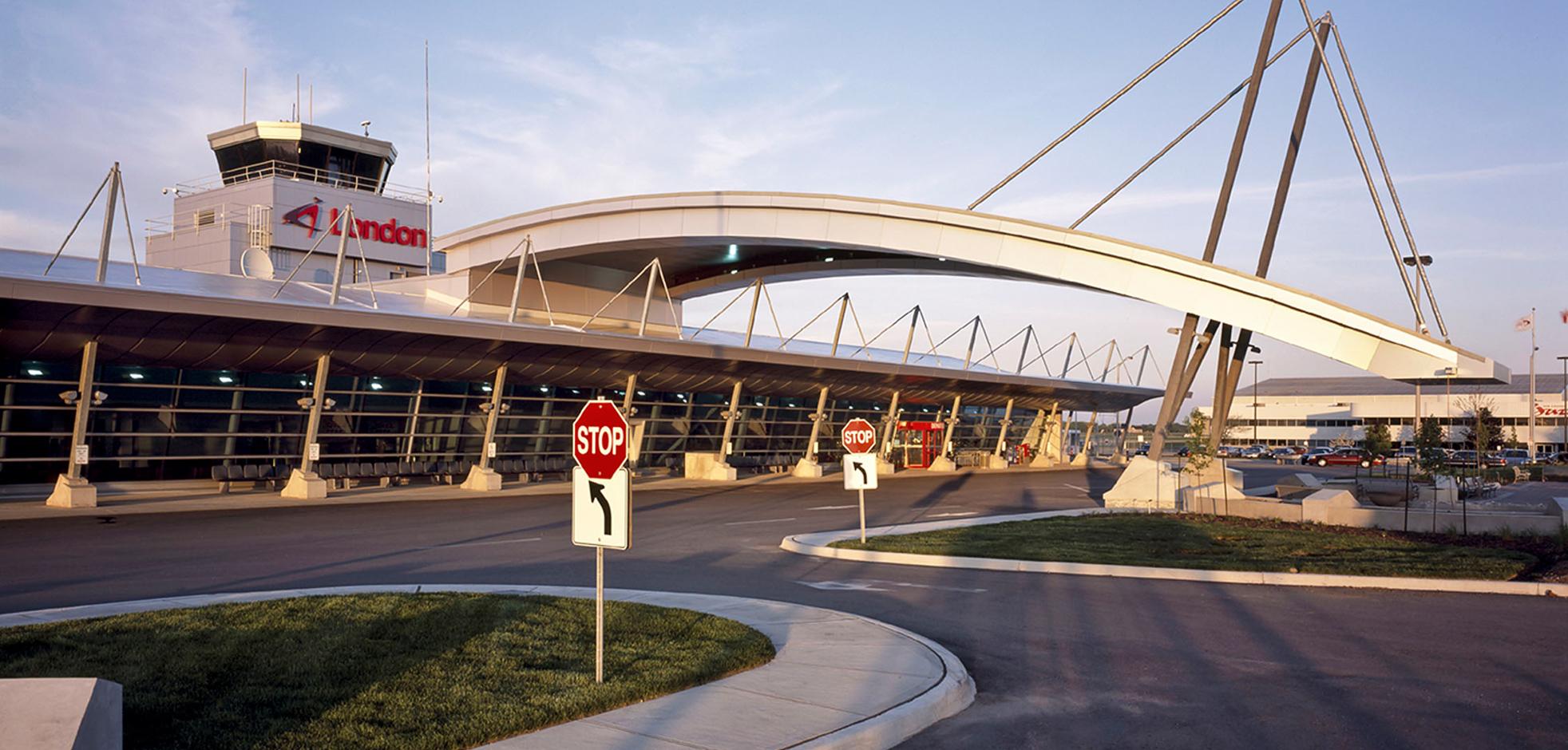 Exterior view of the main public entrance at The London International Airport in London, Ontario