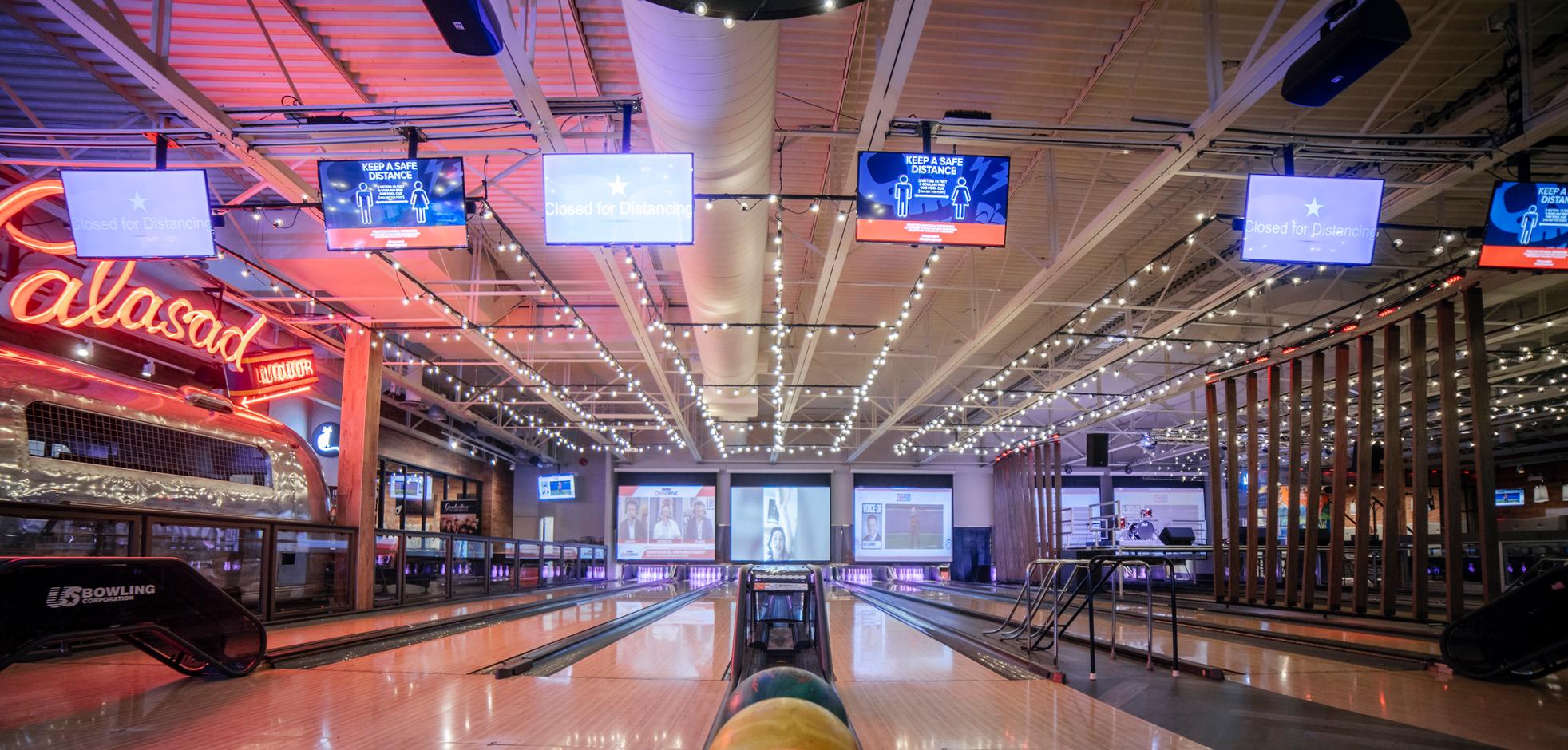 Bowling lanes at Palasad Social Bowl in London, Ontario, Canada.