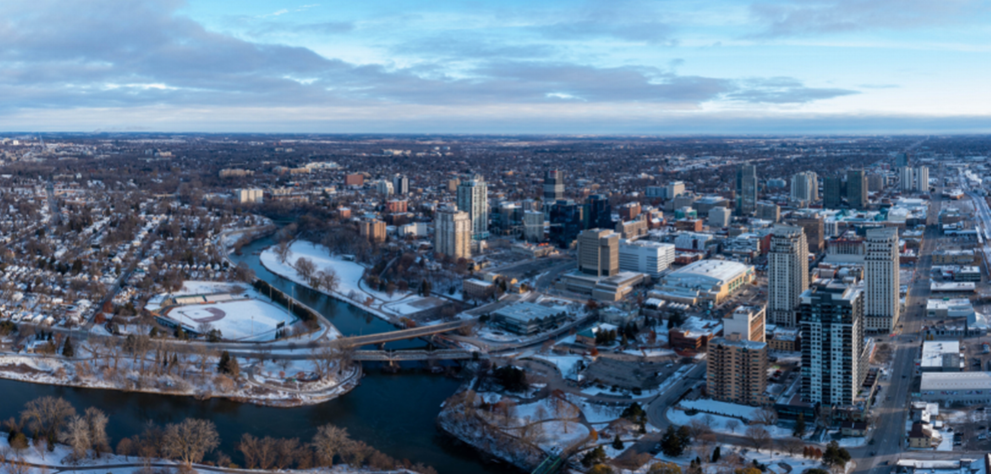 Aerial view of downtown London, ON in the winter