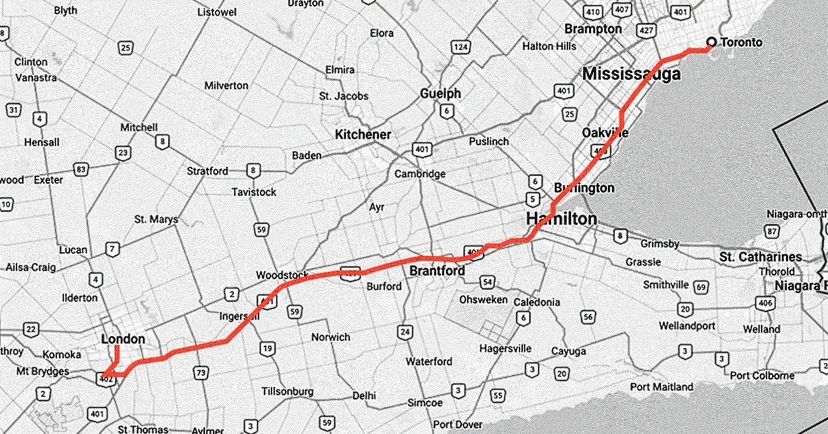 Map from Toronto to London