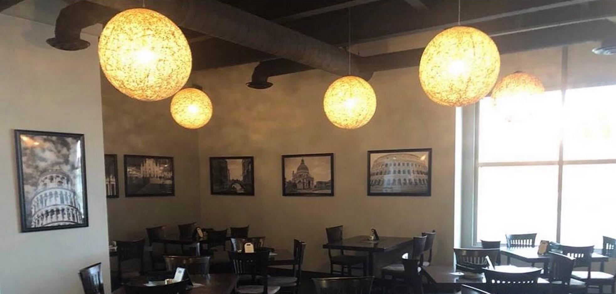 Indoor seating area in restaurant.