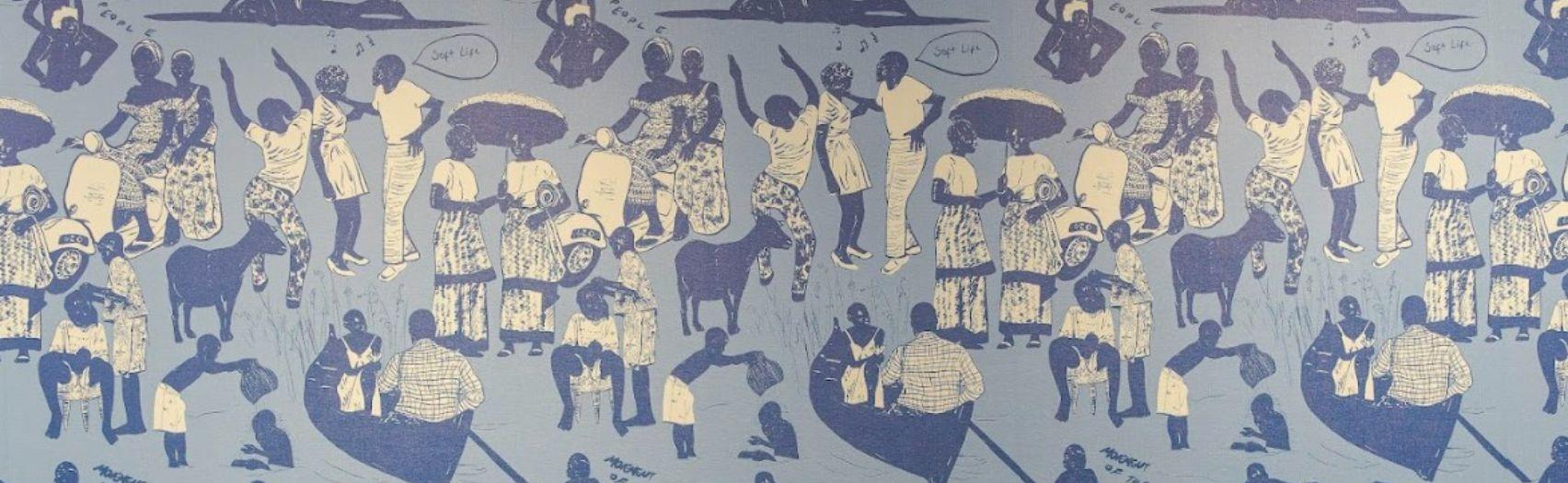 Patterned scene of people dancing, paddling, carrying baskets and goats in blue tones.