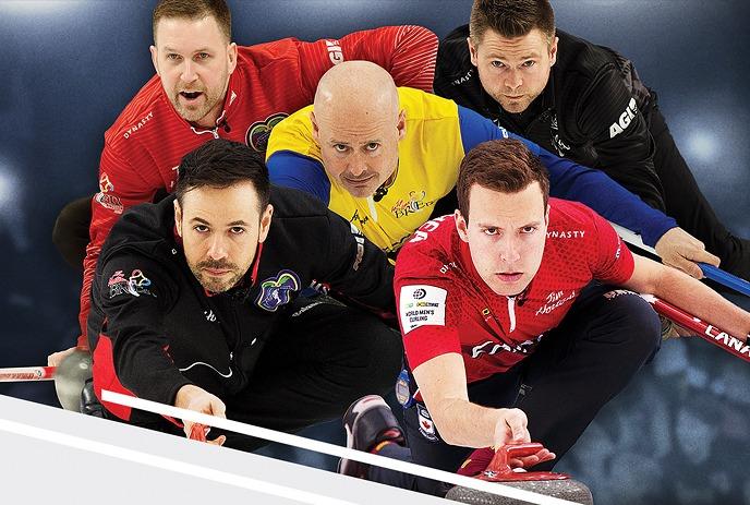 Previous Brier Champions holding the Brier Tankard trophy